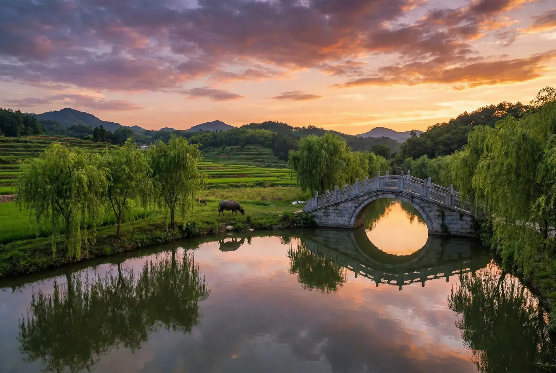 夕阳下的石拱桥与垂柳，水牛在河边吃草 - 笼着罗拉 乡村美景